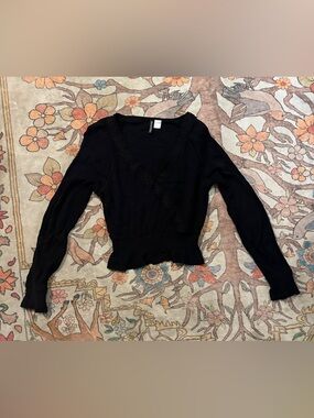 H&M Black Lace-Trim Wrap Long Sleeve Top